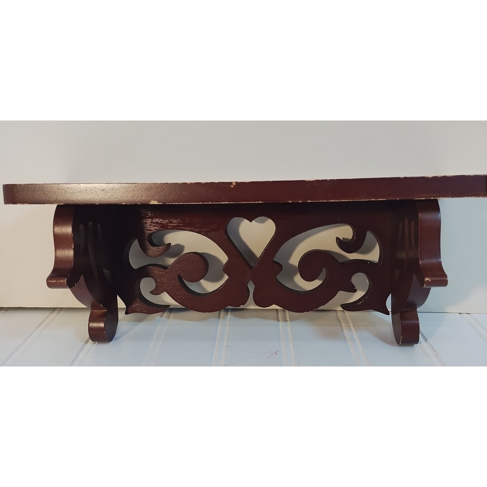 Scroll Heart Cutout Dark Wood Wall Shelf Floating Display Victorian Cottage Art